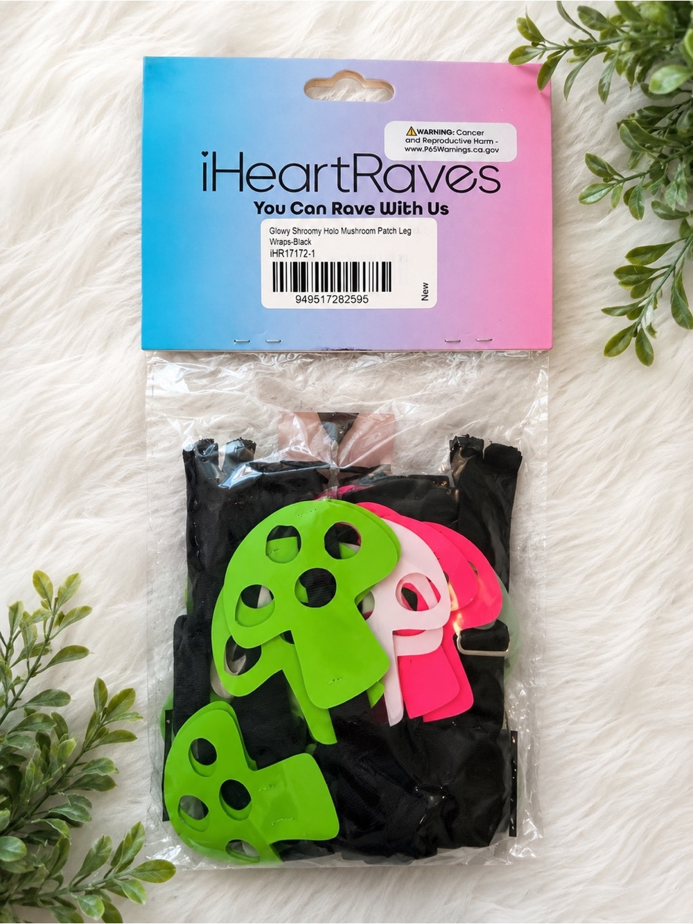 iHeartRaves Holo Mushroom Patch Leg Wraps - Black, Green, & Pink 💚🍄🩷